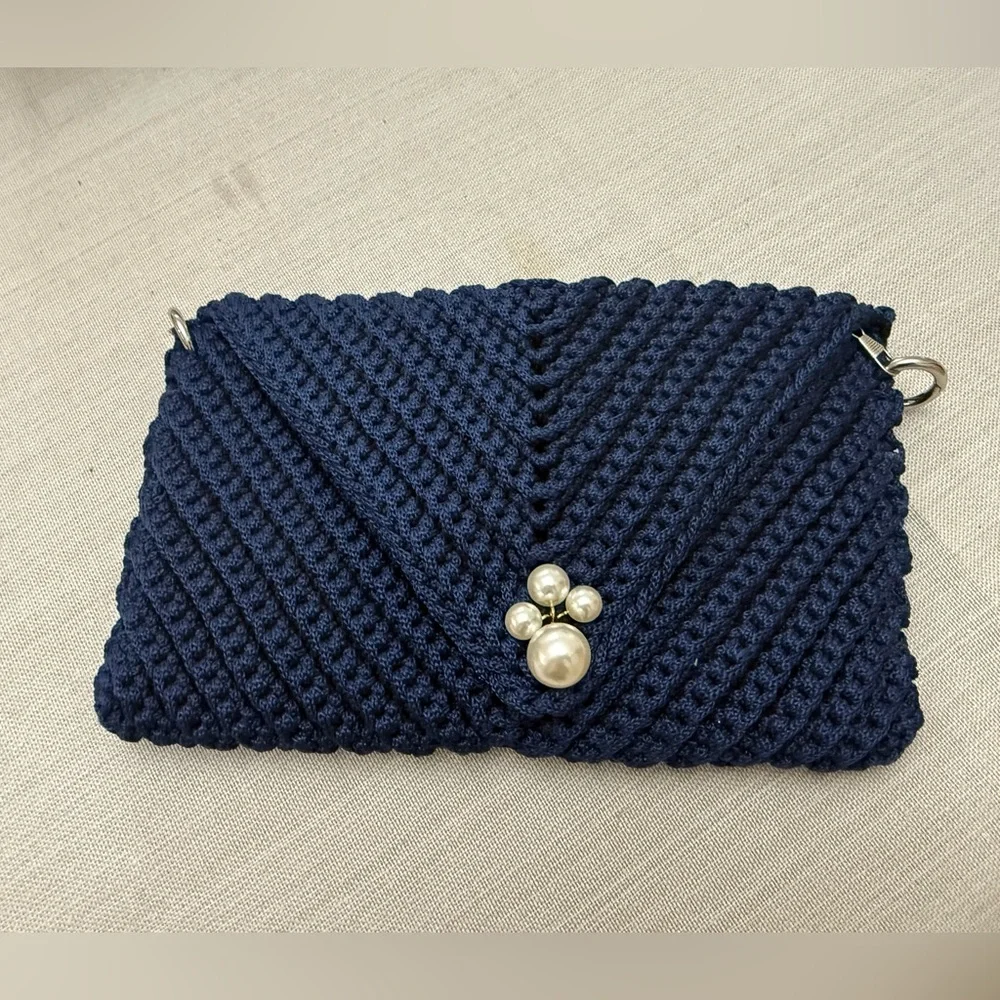 Handmade Navy Crochet Clutch with Detachable Chain – New – Gifted from Greece